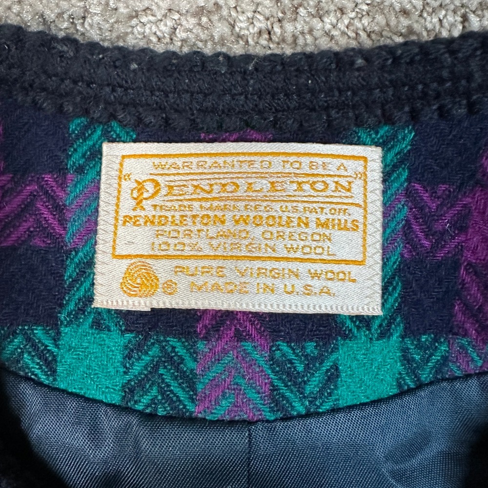 Vintage Pendleton Wool Blazer Jacket Purple Teal Check Plaid Collarless USA 100% - Picture 4 of 8